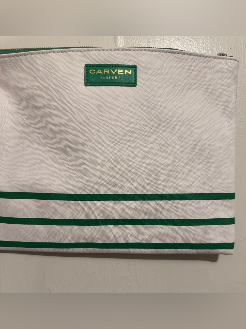 Carven White Pouch with Green Stripe Accents. 8”L x 10”W.